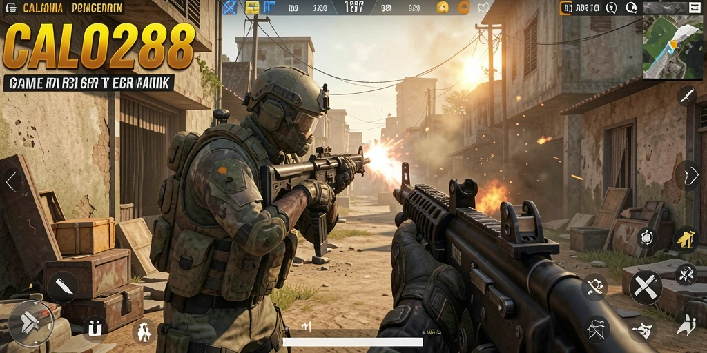 Tangkapan layar gameplay menegangkan dari CALO288 dengan aksi pertempuran FPS.