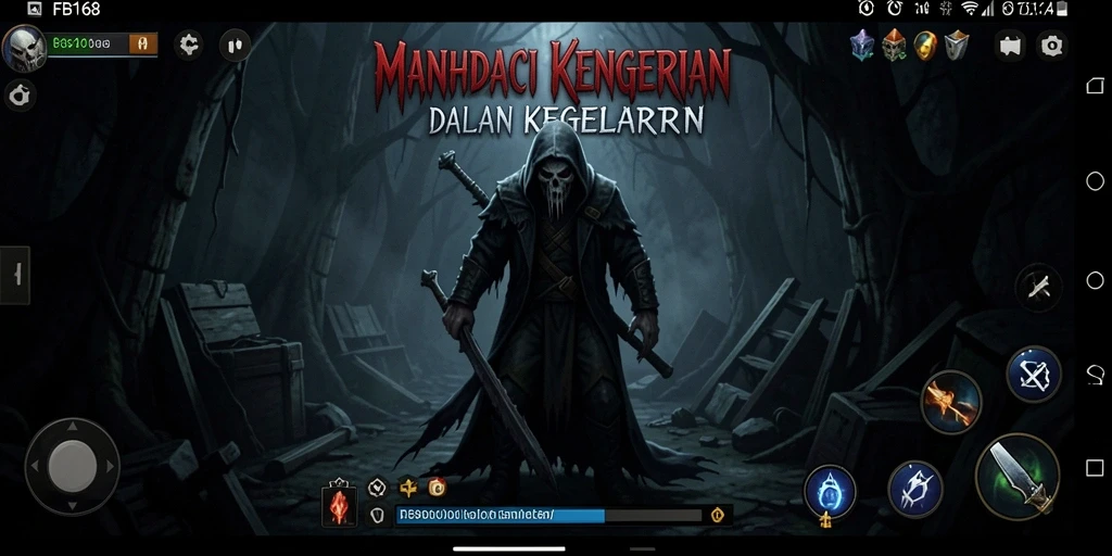 Screenshot gameplay FB168 yang menampilkan suasana menyeramkan dan makhluk mengerikan.