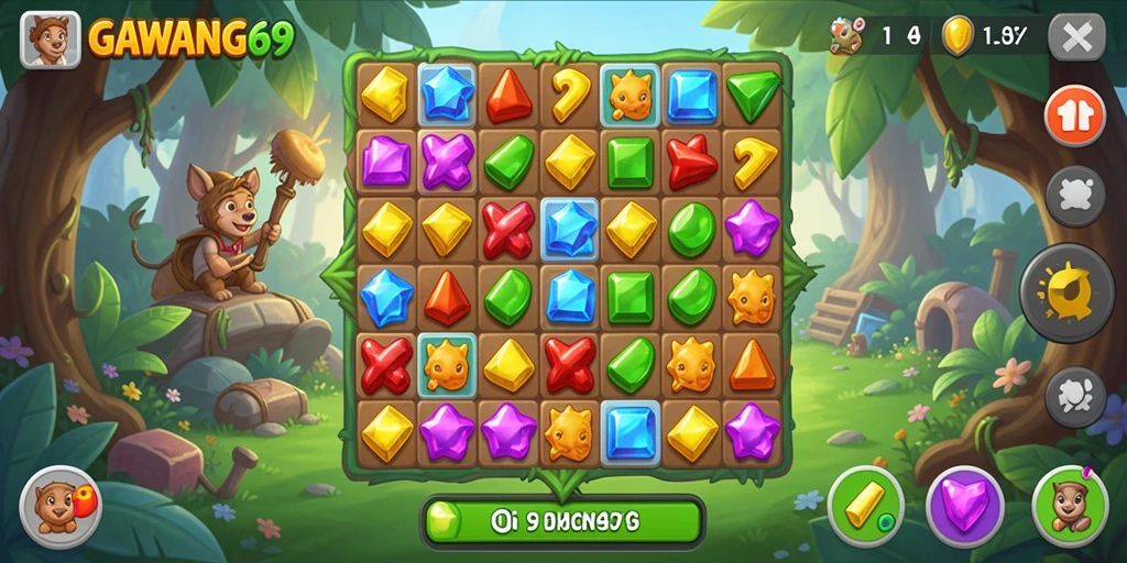 Screenshot gameplay GAWANG69 menampilkan serunya mencocokkan permata.