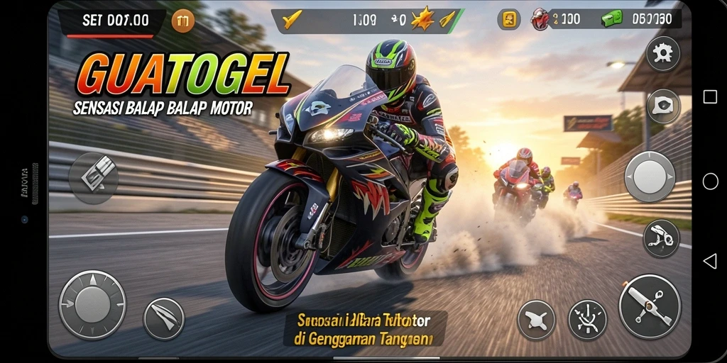 Tangkapan layar gameplay GUATOGEL menampilkan balapan motor yang mendebarkan.