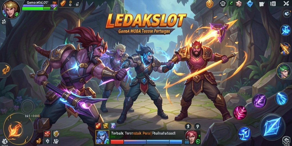 Screenshot utama LEDAKSLOT menampilkan pertarungan seru dalam gameplay MOBA.