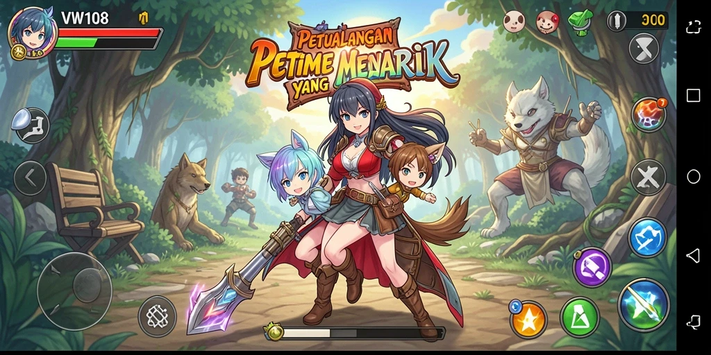 Tangkapan layar utama VW108 menampilkan aksi seru dalam petualangan anime.